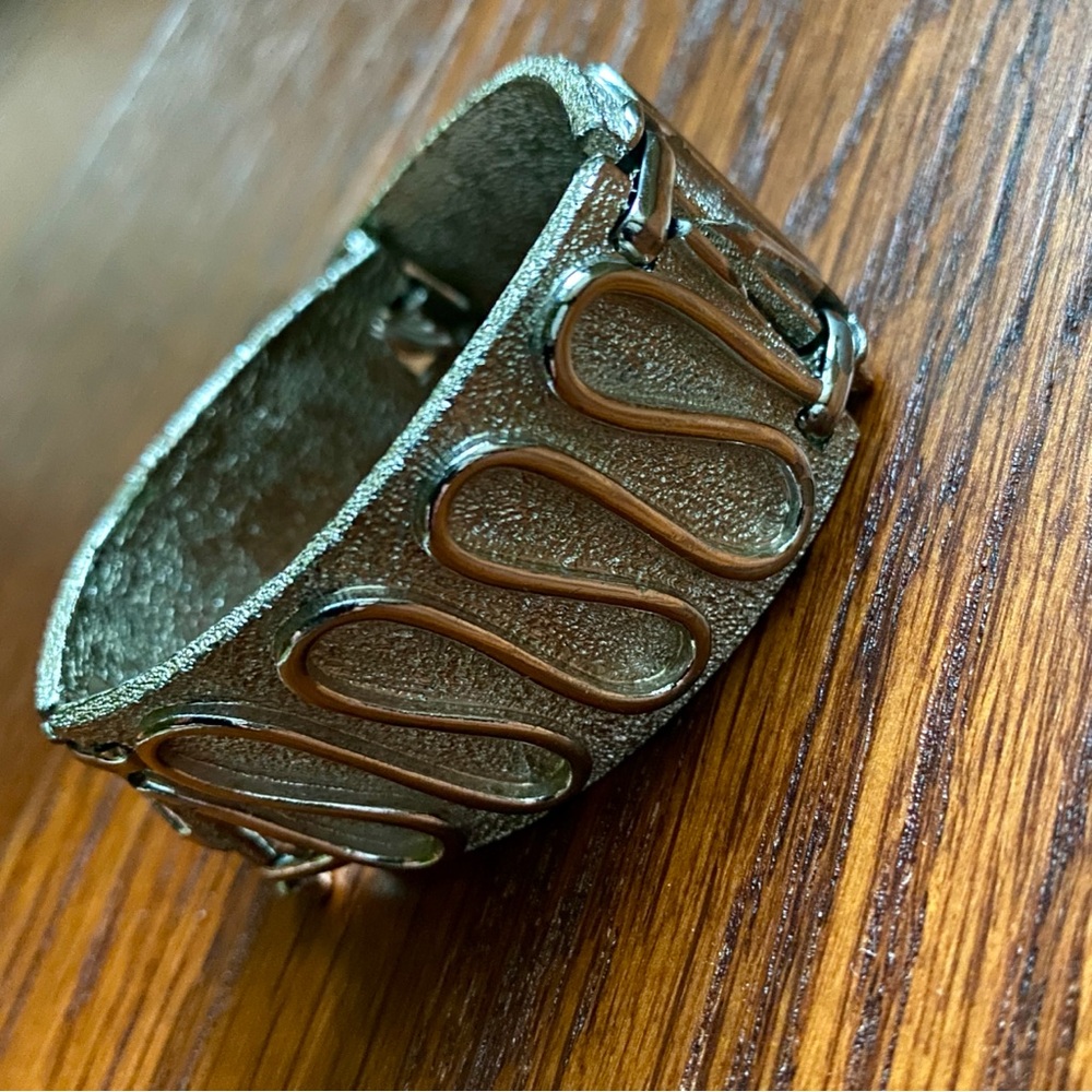 Vintage 1961 SARAH COVENTRY  “Silvery Nile”Hinged Egyptian Revival Cuff Bracelet
